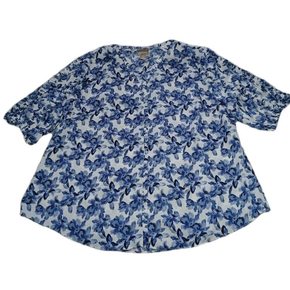 Chicos Women 2 L Floral Ruffle Short Sleeve Blue White Polyester V-Neck Top Flaw